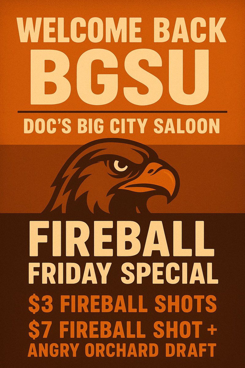 DocsBg's tweet image. 🔥 Welcome back, Falcons! 🔥
Round up your crew, throw on your boots, and let’s make this semester one to remember. 🧡🤎#BGSU #WelcomeBackFalcons #FireballFriday