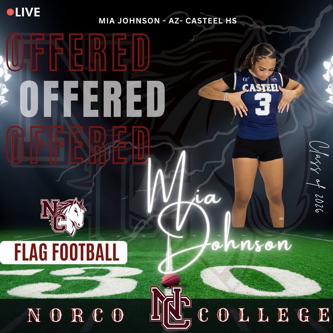 Casteel Girl's Flag Football (@casteelladyflag) on Twitter photo We would like to congratulate Senior WR/FS Mia Johnson on receiving an offer to play women’s flag football at the next level <a href="/NorcoCollege/">Norco College</a> . Mia is a dual sport athlete ranked in the state in girls wresting and girls flag football @cusdathletics <a href="/CasteelAthletic/">Casteel Athletics</a> <a href="/CodyTCameron/">Cody Cameron</a> We would like to congratulate Senior WR/FS Mia Johnson on receiving an offer to play women’s flag football at the next level <a href="/NorcoCollege/">Norco College</a> . Mia is a dual sport athlete ranked in the state in girls wresting and girls flag football @cusdathletics <a href="/CasteelAthletic/">Casteel Athletics</a> <a href="/CodyTCameron/">Cody Cameron</a>