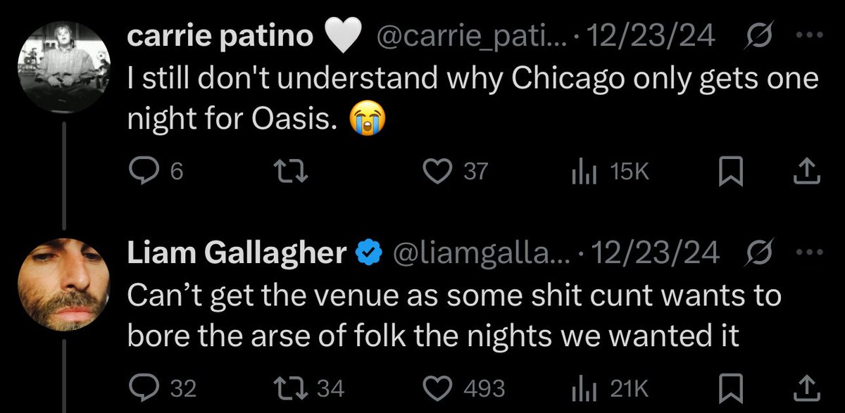 thinking about this Lol because mcr booked soldier field the day after oasis plays it and liam gallagher said this 😭😭😭😭😭😭😭😭