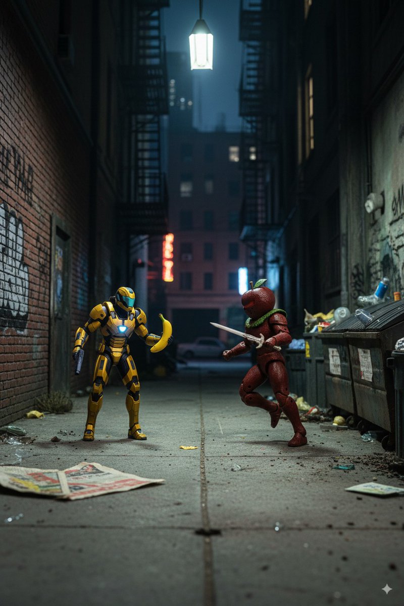 I wish I was kidding.

I made this image with Google's Nano Banana. Then I accidentally created a world around it.

🍌 Left: Slick, a retired war-bot with a futuristic gun and a Banana.
🍎 Right: Tommy Appleseed, an apple-shaped assassin with a sword and trust issues.

What