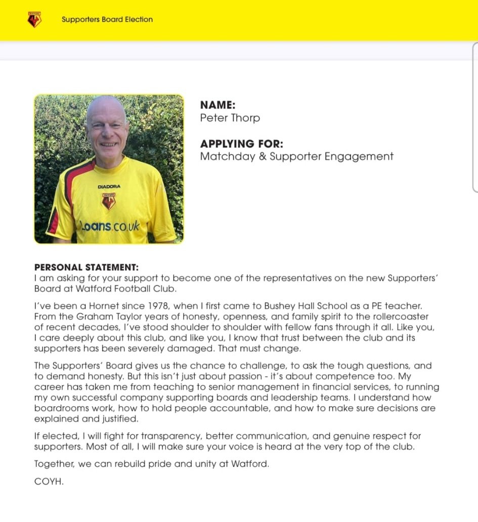 Hi #WatfordFC fans. We have an email in our inbox regarding the supporters panel. I'm sure all the candidates are brilliant to have made the final stage but can fully vouch for Peter Thorp. A good friend and mentor who will challenge everything with the very best of interests