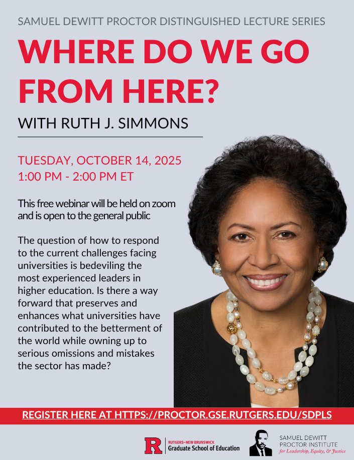 This is going to be so good!!! Join us for the amazing Ruth Simmons -- she is our Distinguished <a href="/SDPInstitute/">The Samuel DeWitt Proctor Institute</a> Lecturer this year!! rutgers.zoom.us/webinar/regist… <a href="/RutgersU/">Rutgers University</a> <a href="/RutgersGSE/">Rutgers Graduate School of Education</a> <a href="/RutgersU_News/">Rutgers Today</a> <a href="/CenterForMSIs/">Center for MSIs</a>