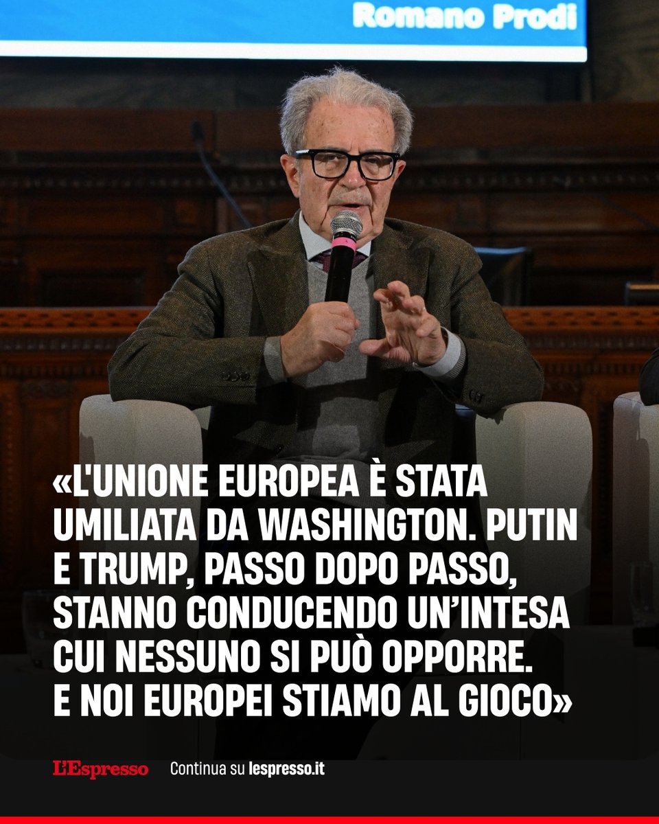 espressonline's tweet photo. L’Europa è stata “umiliata” dagli Stati Uniti. E nel rischio autoritarismo che pervade tutte le democrazie occidentali, l’Italia non è immune. Prodi traccia un bilancio dello stato di salute del Vecchio Continente, sempre più ininfluente di fronte alle grandi partite globali https://t.co/PXBfNRa0wf
