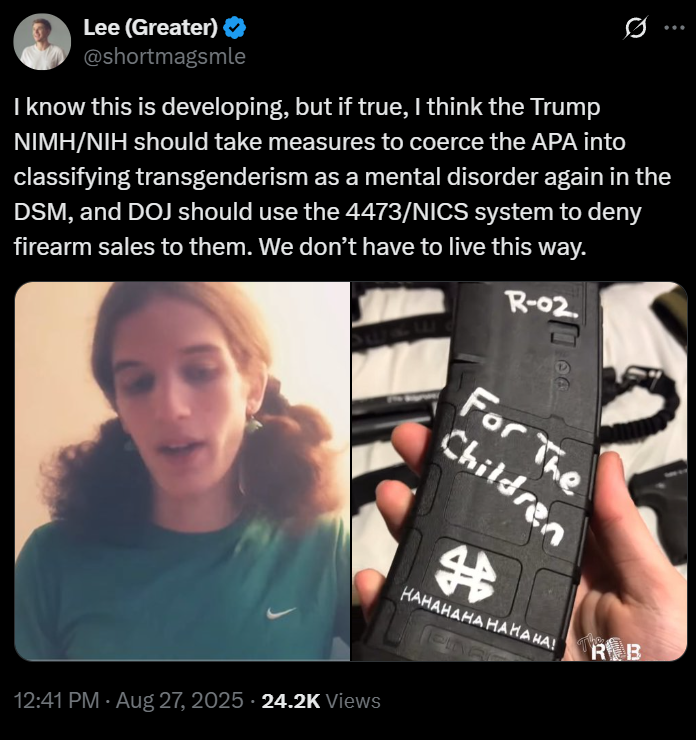 wyatt (@gorilla_rape) on Twitter photo the <a href="/TheAKGuy/">Brandon Herrera</a>'s message today isnt good enough. We demand that <a href="/TheAKGuy/">Brandon Herrera</a> end this disgusting trend of welcoming these freaks into the gun community and instead support legislation stripping these people of the ability to buy guns
RT this if you support removing trans from NICS the <a href="/TheAKGuy/">Brandon Herrera</a>'s message today isnt good enough. We demand that <a href="/TheAKGuy/">Brandon Herrera</a> end this disgusting trend of welcoming these freaks into the gun community and instead support legislation stripping these people of the ability to buy guns
RT this if you support removing trans from NICS