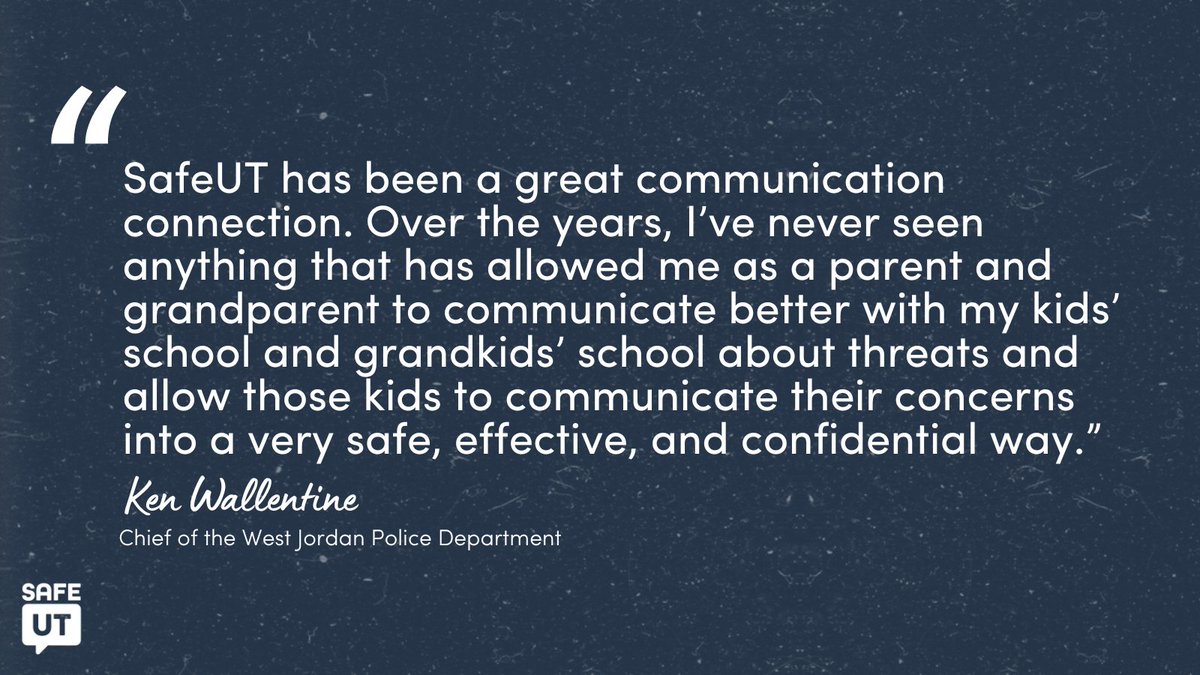 School safety takes all of us ⚠️

If you're worried about someone or something, don't stay silent. Sharing a tip to SafeUT counselors is quick, confidential, and can help keep your school safe.

Submit a confidential tip online at SafeUT.org, or download the app.
