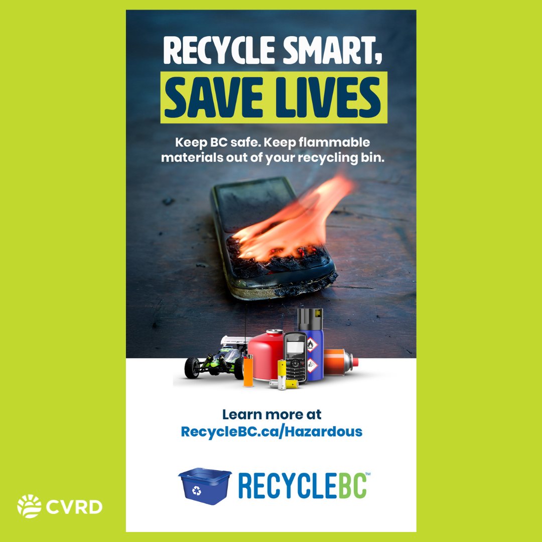 🔋☠️Hey Cowichan,

Did you know that household hazardous materials can cause serious safety problems such as fires and explosions when improperly disposed of?  

Let’s work together to keep these items out of curbside recycling and garbage totes!
Visit:  cvrd.ca/3557/Household…