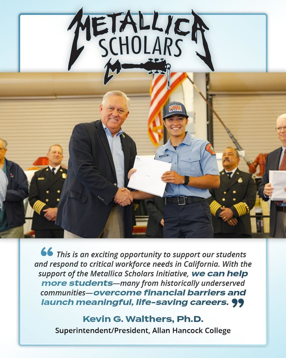 All Within My Hands Foundation (@awmhfoundation) on Twitter photo Among the schools joining the #MetallicaScholars Initiative, <a href="/HancockCollege/">AllanHancockCollege</a> is receiving a $75K grant to support its Fire Academy. Approximately 60 students annually will receive assistance as they prepare for crucial, in-demand careers in public safety & emergency response. Among the schools joining the #MetallicaScholars Initiative, <a href="/HancockCollege/">AllanHancockCollege</a> is receiving a $75K grant to support its Fire Academy. Approximately 60 students annually will receive assistance as they prepare for crucial, in-demand careers in public safety & emergency response.