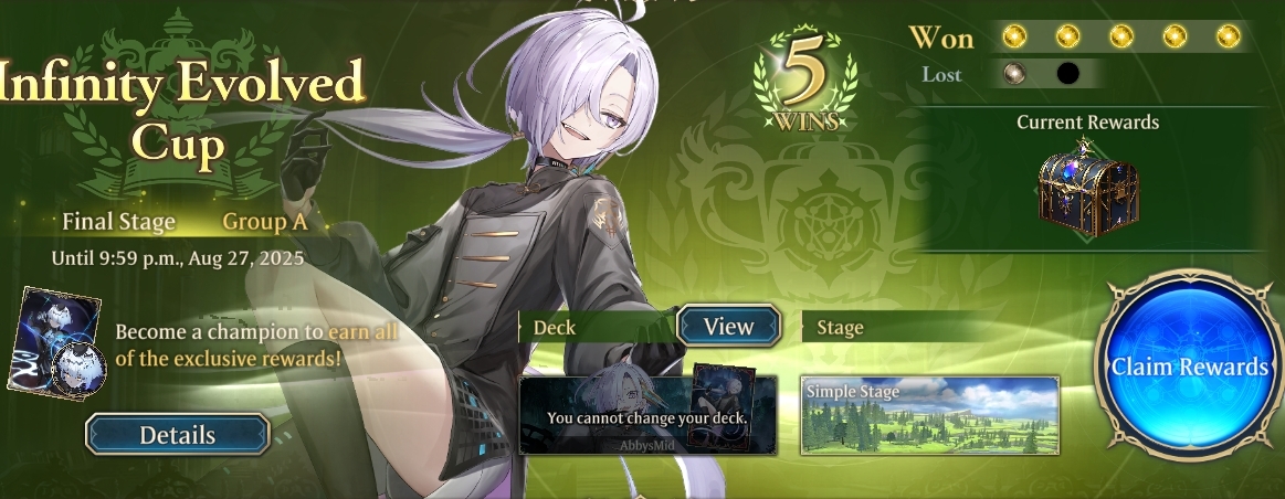 ¡Ganamos el evento del Grand Prix!

Otro gran evento de ShadowverseWB con recompensas ingame en formato torneo. Es el juego con mejor equilibrio f2p-competitivo de largo.

¡Mañana jugamos el nuevo set en directo, desde las 13:00!

Os dejo el deck, solo perdí vs Abbys Aggro.