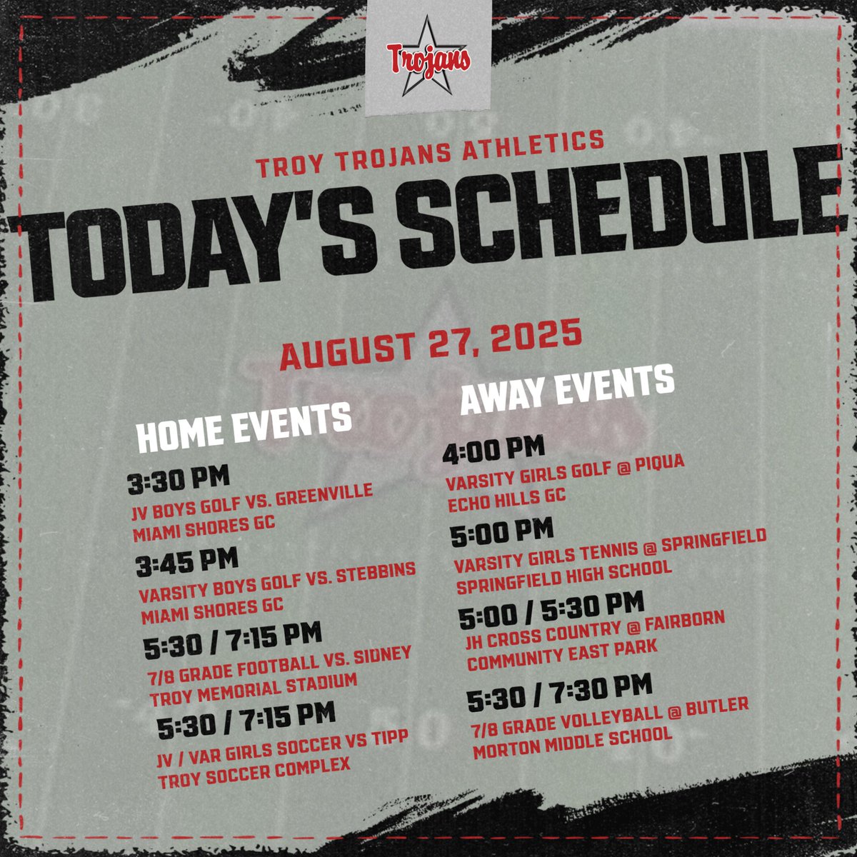 Full slate of events for this evening. Come and support your Troy Trojans Student-Athletes!