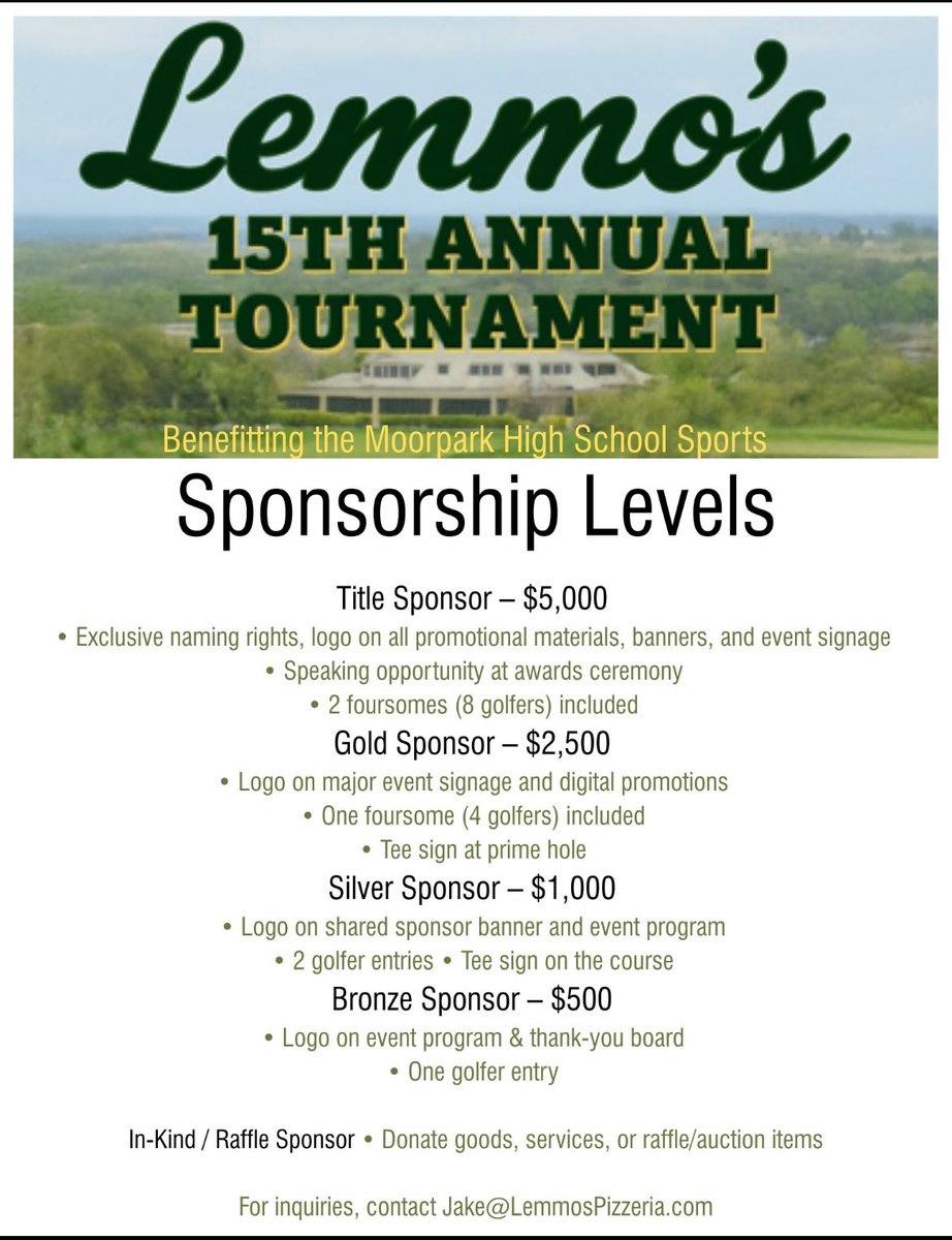 JT Stotts (@jstotts3) on Twitter photo Come out and support Moorpark Athletics for Lemmo’s 15th annual golf tournament! Fun day of Golf and Prizes. ⛳️ 🏌🏼 🏆 Sign up before September 1st for early bird registration Come out and support Moorpark Athletics for Lemmo’s 15th annual golf tournament! Fun day of Golf and Prizes. ⛳️ 🏌🏼 🏆 Sign up before September 1st for early bird registration