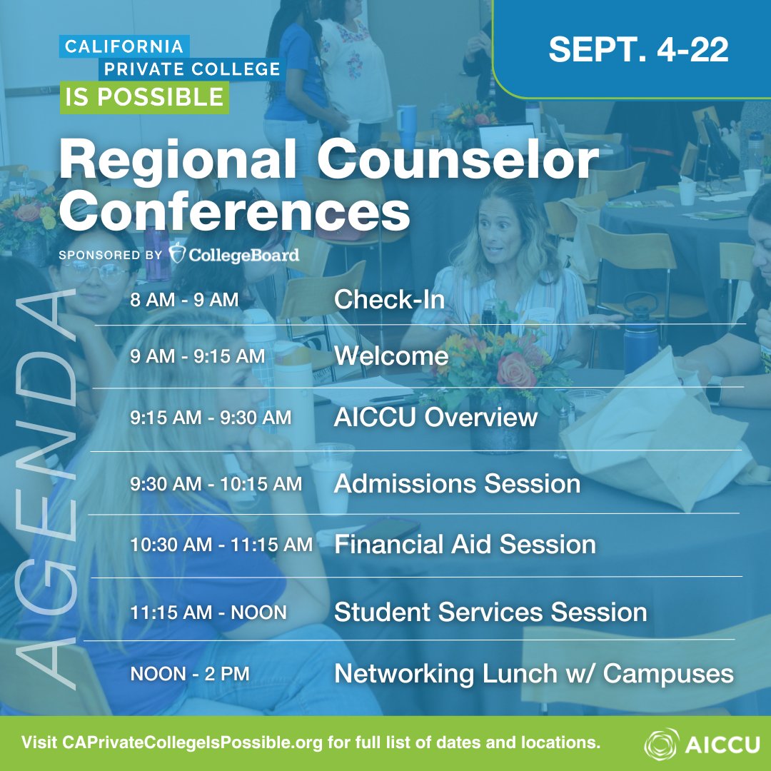 AICCU (@aiccucal) on Twitter photo NEXT WEEK, our regional counselor conference kicks off at <a href="/fpu/">Fresno Pacific University</a> and <a href="/menlocollege/">Menlo College</a>. Here’s a look at what’s on the agenda. Register now at bit.ly/4eK4Ooo. NEXT WEEK, our regional counselor conference kicks off at <a href="/fpu/">Fresno Pacific University</a> and <a href="/menlocollege/">Menlo College</a>. Here’s a look at what’s on the agenda. Register now at bit.ly/4eK4Ooo.