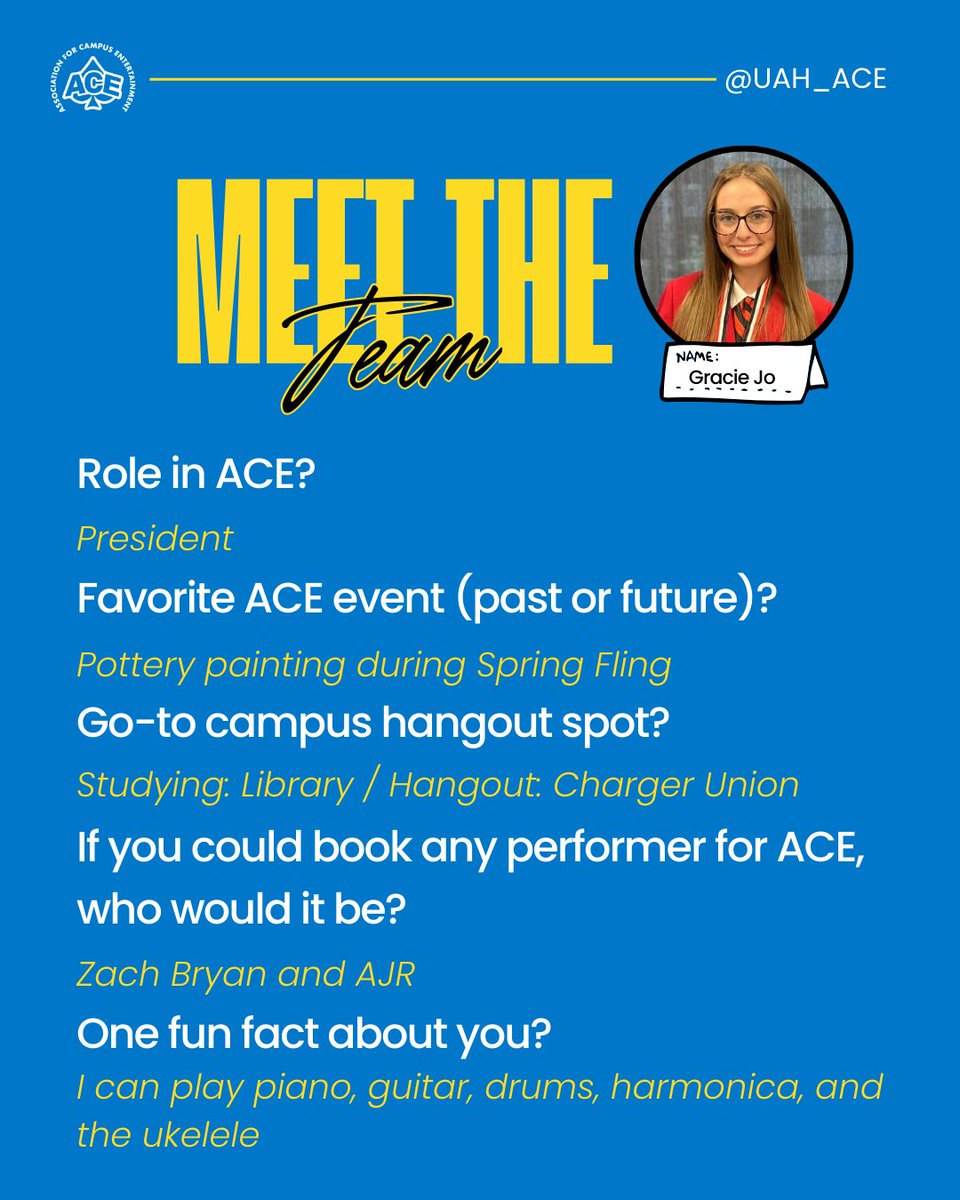 Meet Gracie, our ACE President! 💛💙

🎨 Favorite event: Pottery painting at Spring Fling
📍 Campus spots: Library 2nd floor + Charger Union
🎶 Fun fact: Plays 5 instruments!
🎤 Dream performers: Zach Bryan &amp; AJR

#ACEatUAH #MeetTheTeam #GoChargers