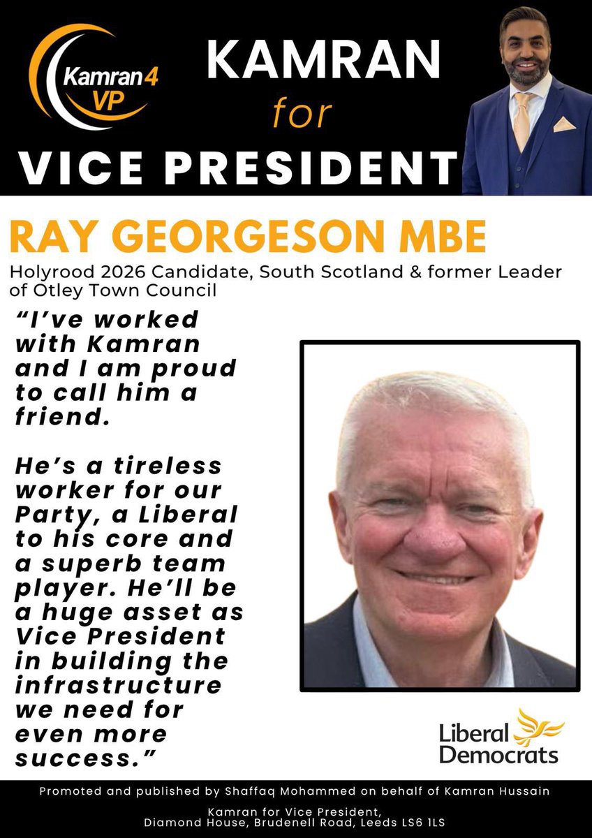 Ray Georgeson - Borders Liberal Democrats 🔶 (@bordersrayld) on Twitter photo I’m delighted to have formally nominated <a href="/kam_hussain5/">Kamran Hussain 🔸🔶</a> for the important role of Vice-President of the Liberal Democrats #Kamran4VP I’m delighted to have formally nominated <a href="/kam_hussain5/">Kamran Hussain 🔸🔶</a> for the important role of Vice-President of the Liberal Democrats #Kamran4VP
