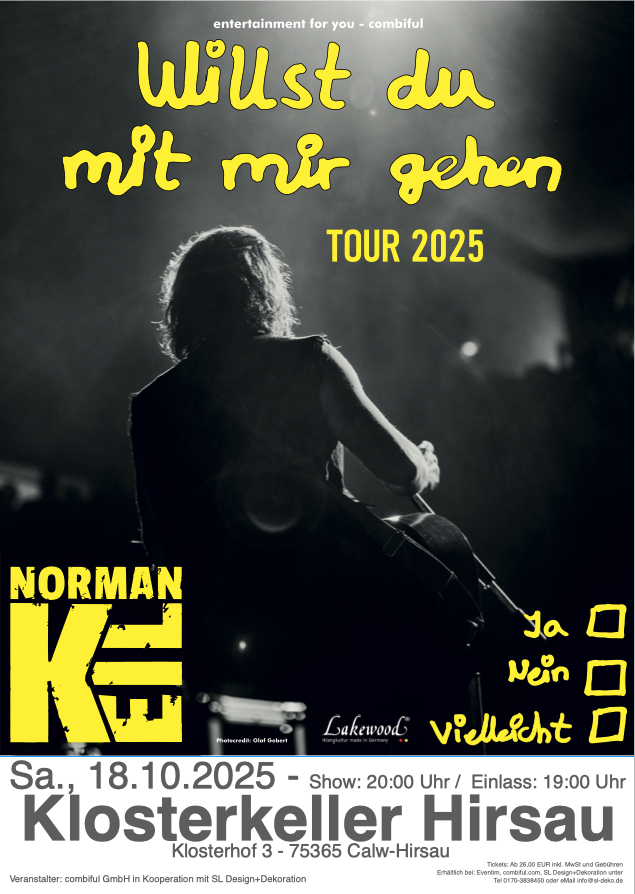 combiful's tweet image. 🎤 Norman Keil endlich Live im Süden, in der Hermann Hesse-Stadt Calw 🎸

📅 Datum: Samstag, 18.10.25
🕒 Zeit: 20:00 Uhr (Einlass: 19:00 Uhr)
📍 Ort: Klosterkeller Hirsau - Halle 13 - Klosterhof 3 - 75365 Calw-Hirsau

eventim.de/artist/norman-…

#normankeil #immerfürimmer #combiful