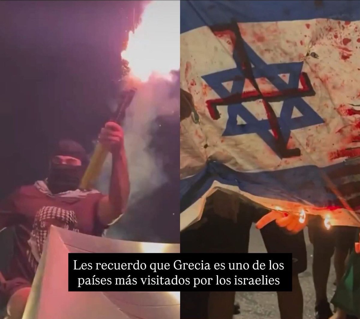 🇮🇱 | 🇬🇷 Grave incidente antisemita en Grecia: pro-palestinos dispararon contra la embajada de Israel en Grecia y quemaron una bandera de Israel con una esvástica encima.