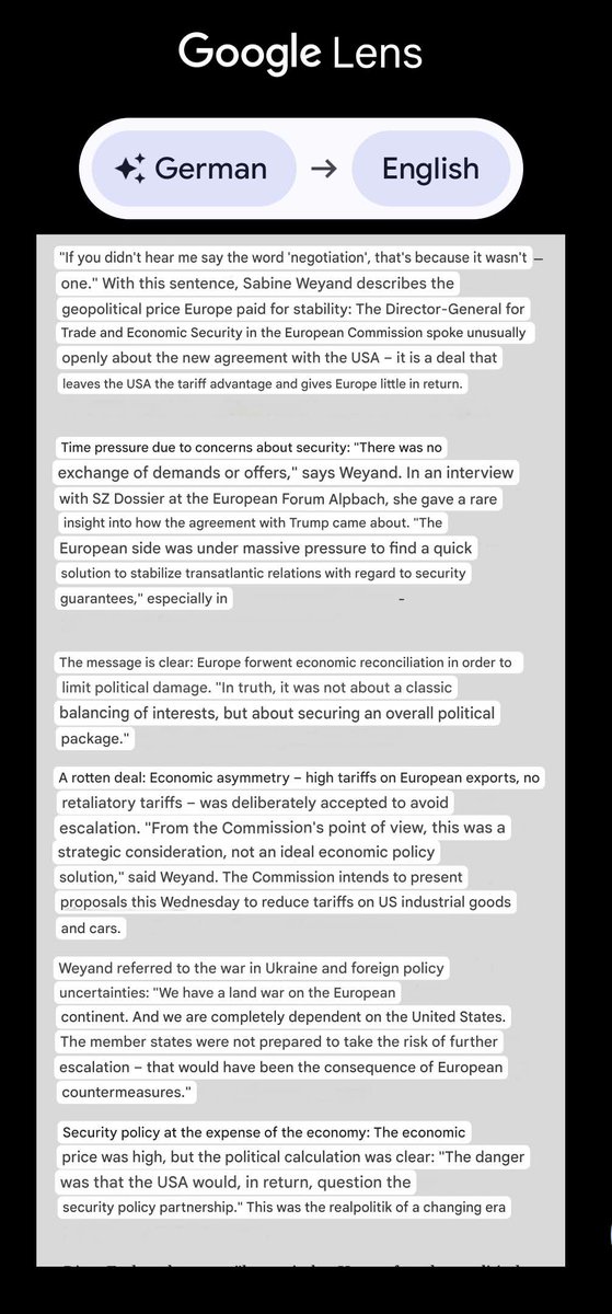 🔹آرنو برتران:
‌این فوق‌العاده است. 

برای بسیاری از شما که تعجب می‌کنید چگونه اتحادیه اروپا توانست با چنین «معامله» تحقیرآمیزی با ترامپ موافقت کند، دیگر تعجب نکنید.
‌
ما یک پاسخ بسیار صریح و مستقیم از زبان خود منبع داریم: زابینه وایاند، که مدیر کل تجارت در کمیسیون اتحادیه اروپا