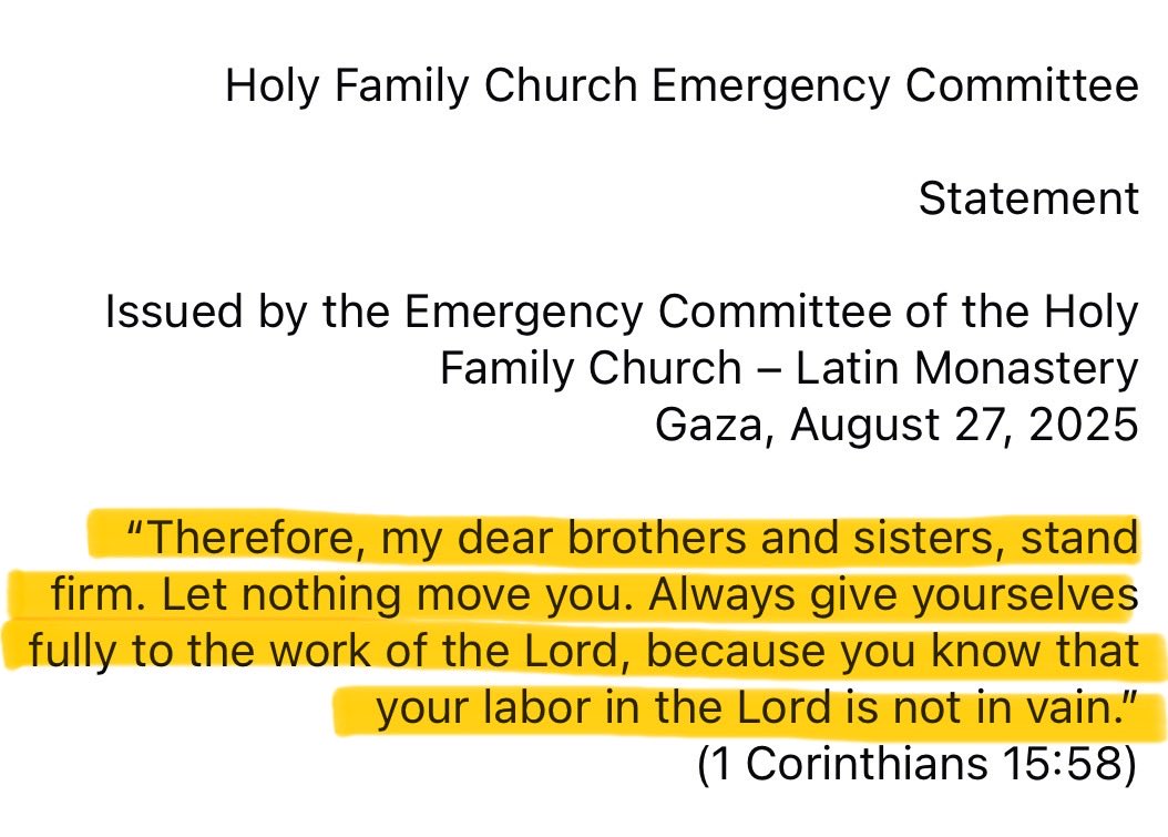 Statement today from Holy Family Catholic Church in crucified Gaza City: