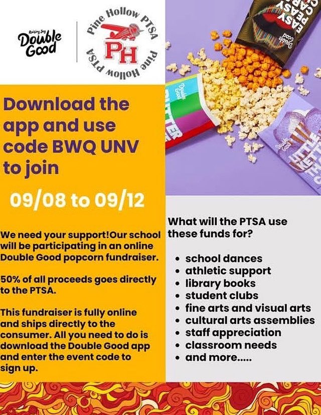 PHMSPTSA's tweet image. We are trying something new this year! September 8-12 we are having a Double Good Popcorn fundraiser. Please see flyer below for information on how to sign up. It&apos;s only open from Monday(9/8) to Friday(9/12) so we have limited time to get the word out there.