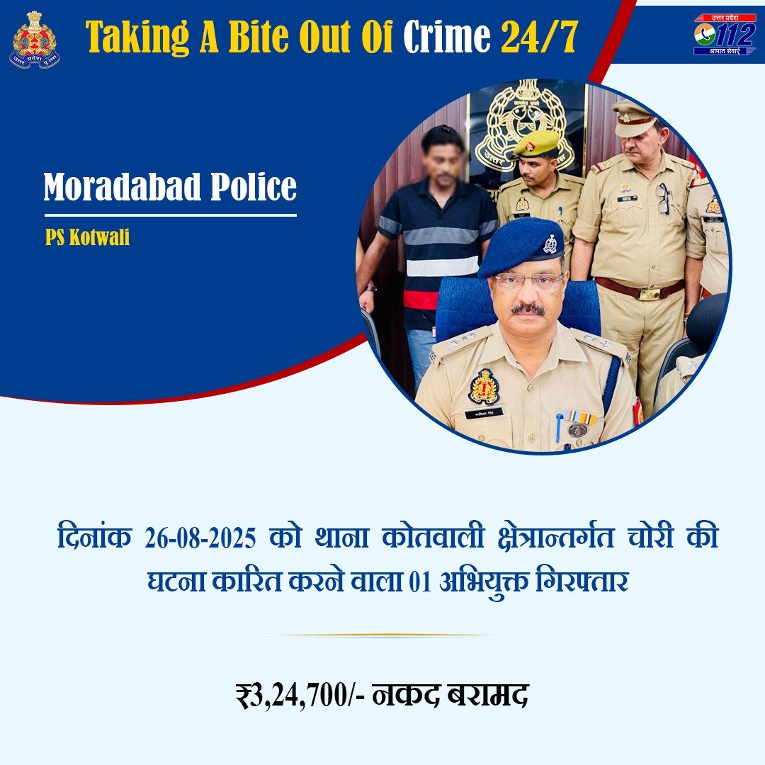 UP POLICE (@uppolice) on Twitter photo Zero Tolerance Against Crime -
चोरी की घटना कारित करने वाले 01 अभियुक्त को <a href="/moradabadpolice/">MORADABAD POLICE</a> द्वारा गिरफ्तार करते हुए उसके कब्जे से चोरी के ₹3,24,700/- नकद बरामद किए गए हैं।
#WellDoneCops
#GoodWorkUPP Zero Tolerance Against Crime -
चोरी की घटना कारित करने वाले 01 अभियुक्त को <a href="/moradabadpolice/">MORADABAD POLICE</a> द्वारा गिरफ्तार करते हुए उसके कब्जे से चोरी के ₹3,24,700/- नकद बरामद किए गए हैं।
#WellDoneCops
#GoodWorkUPP