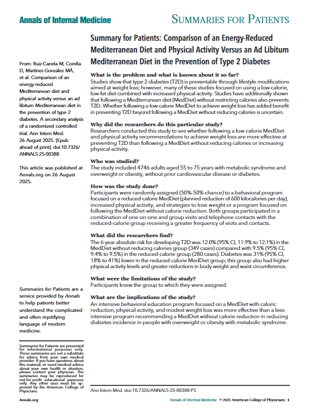 AnnalsofIM's tweet image. Use this free patient summary to help guide clinical discussions about the effect of dietary interventions like the #MediterraneanDiet on diabetes risk. bit.ly/3HKUoc0