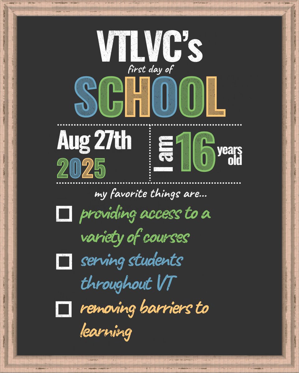 VermontVirtual's tweet image. I guess you could say it&apos;s VTVLC&apos;s 16th first-day-of-school, so we wanted to join in on the fun with our own #FDOS blackboard.