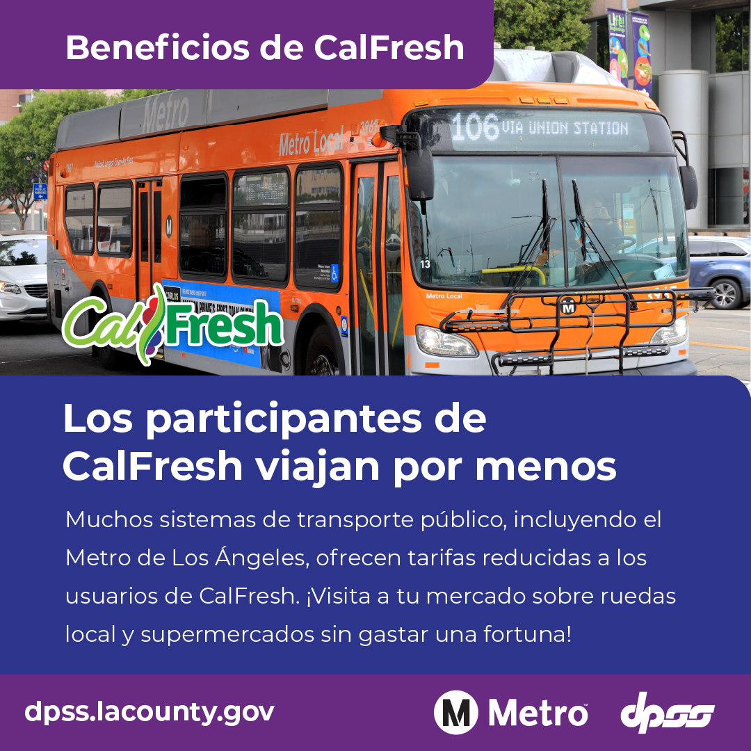 Many public transit systems like <a href="/metrolosangeles/">Metro Los Angeles</a> offer discounted fares to CalFresh users. Get to the places you need to go without breaking the bank 🚌🍅💲

Apply for CalFresh today at BenefitsCal.com 🔗

#CalFresh #LACoDPSS #PublicAssistance #SocialServices #MetroLA