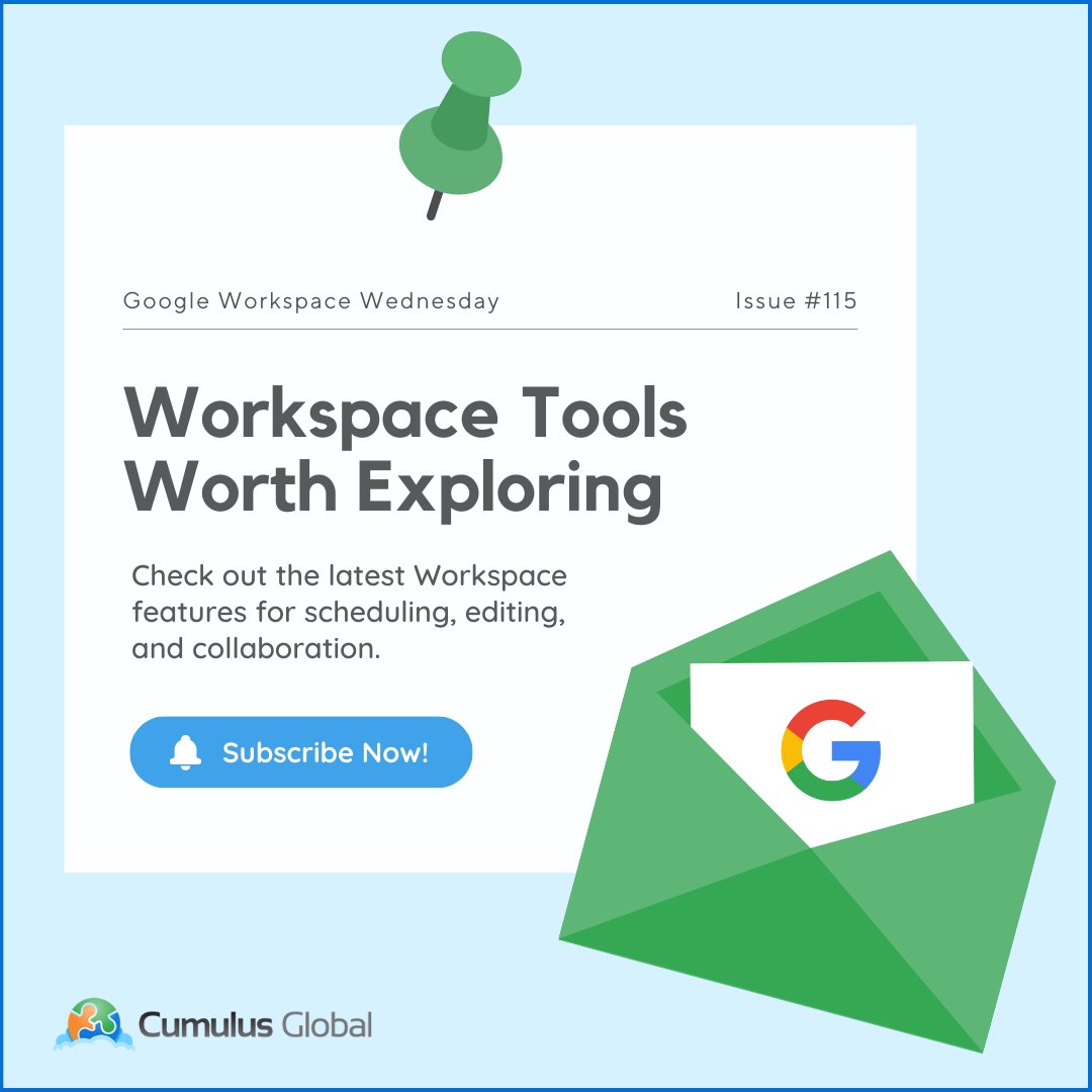 CumulusGlobal's tweet image. 🗓️ Make scheduling simpler with the new pre-configured Google Calendar booking page. 

Read more in this week’s #GoogleWorkspaceWednesday bulletin: jump.cumulusglobal.com/47PtRon 

#GoogleWorkspace #ManagedCloudServices #SmallBusiness #GoogleCalendar #Productivity #Collaboration