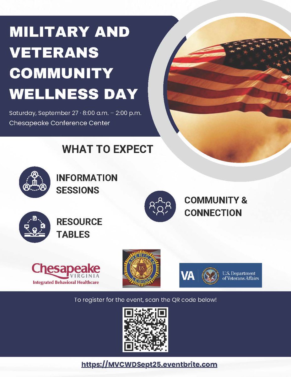 The City of Chesapeake is hosting a Military and Veterans Community Wellness Day on September 27 from 8am-2pm at the Chesapeake Conference Center.

Find out more: loom.ly/dp0t8m8

#VirginiaVeterans #VirginiaIsForVeterans
