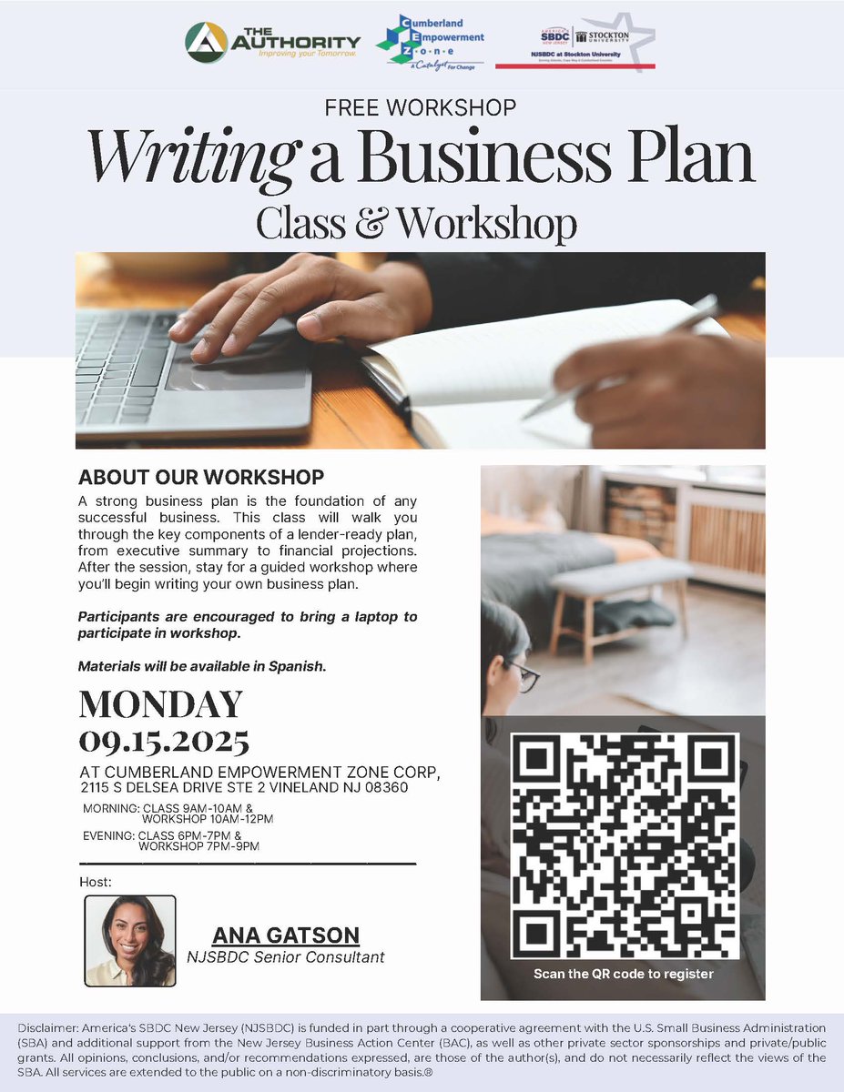 Join The Authority, Cumberland Empowerment Zone, and the NJSBDC at Stockton University for a FREE Class and Workshop on Writing a Business Plan on Monday, September 15 at the Cumberland Empowerment Zone. Please scan the QR code to register. 🌟