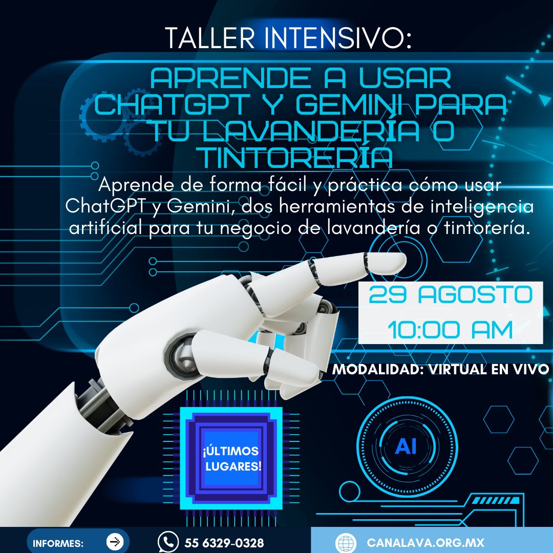CANALAVA's tweet image. ¿Tienes una lavandería o tintorería y quieres llevarla al siguiente nivel con herramientas de inteligencia artificial? ¡Este taller es para ti! 🧠✴️💠🫧✅️〽️🏪👌💻

📢Reserva tu lugar ahora‼️ #lavandería #tintorería #canalava  #inteligenciaartificialpráctica