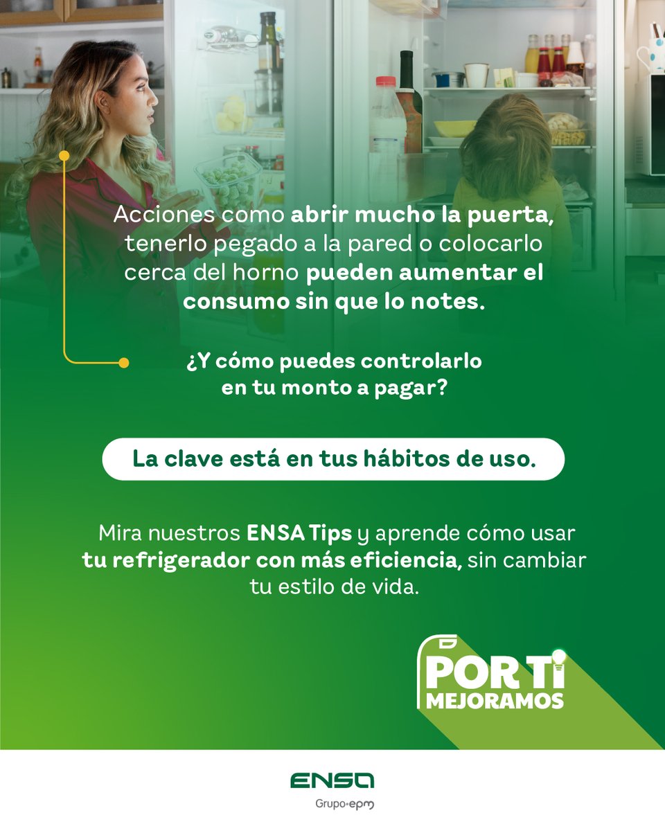 Funciona todo el día, todos los días… 🧊⚡

El refrigerador es de los que más impactan tu factura, aunque no lo parezca.

¿Por qué y cómo evitar ese gasto extra?
Te lo explicamos aquí 

#AhorroEnergético #ConsumoEficiente #ENSA #PorTiMejoramos #ENSATeExplica #ENSATips
