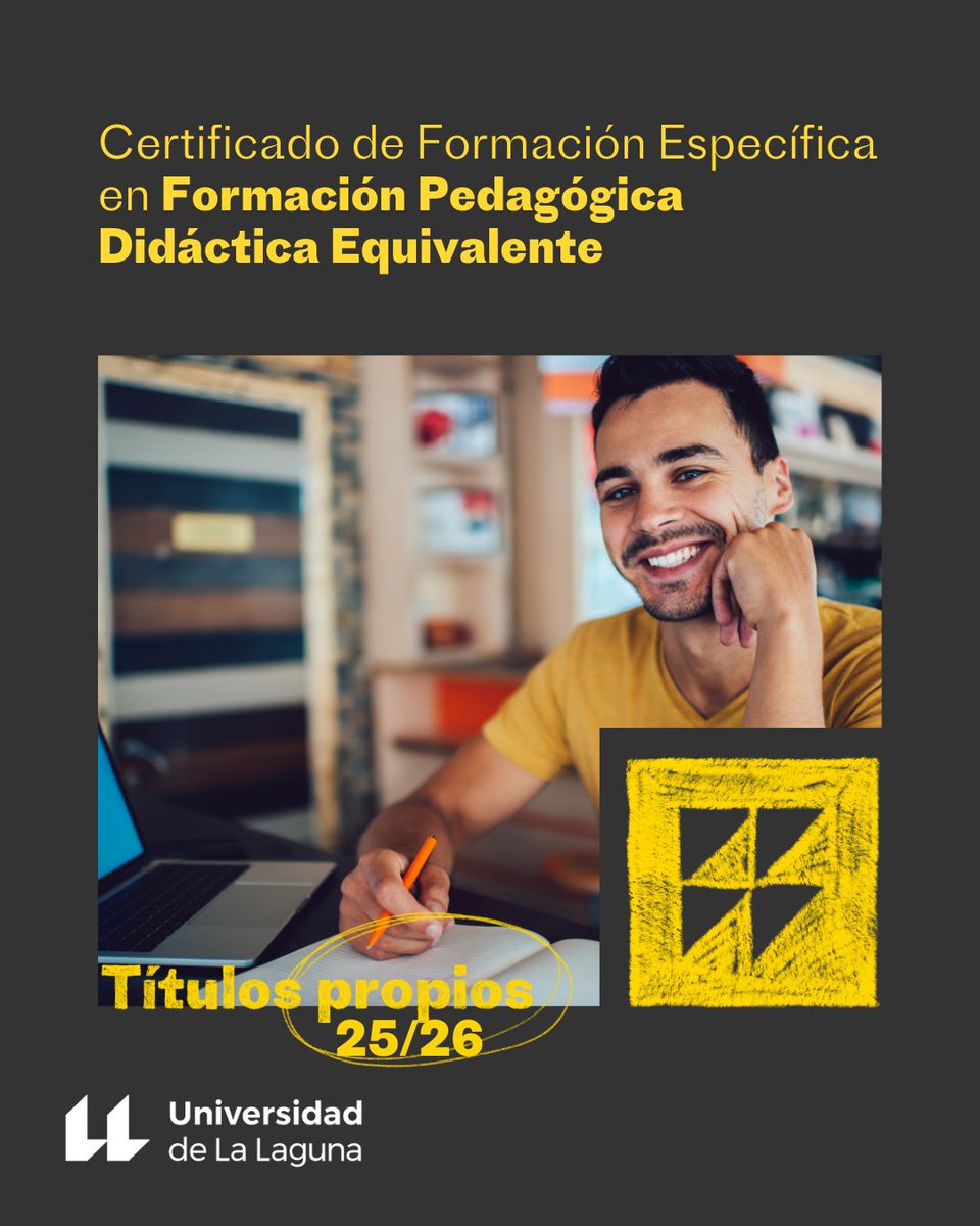 FundaciónGeneral ULL (@fg_ull) on Twitter photo ✍️🎓 La #ULL te capacita para ejercer como profesorado técnico en la enseñanza FP en todo el territorio nacional.
Apúntate a este certificado de formación específica. Preinscripciones hasta el 12 de septiembre 👉 t.ull.es/24ne
#FormaciónPedagógica #TítulosPropiosULL ✍️🎓 La #ULL te capacita para ejercer como profesorado técnico en la enseñanza FP en todo el territorio nacional.
Apúntate a este certificado de formación específica. Preinscripciones hasta el 12 de septiembre 👉 t.ull.es/24ne
#FormaciónPedagógica #TítulosPropiosULL
