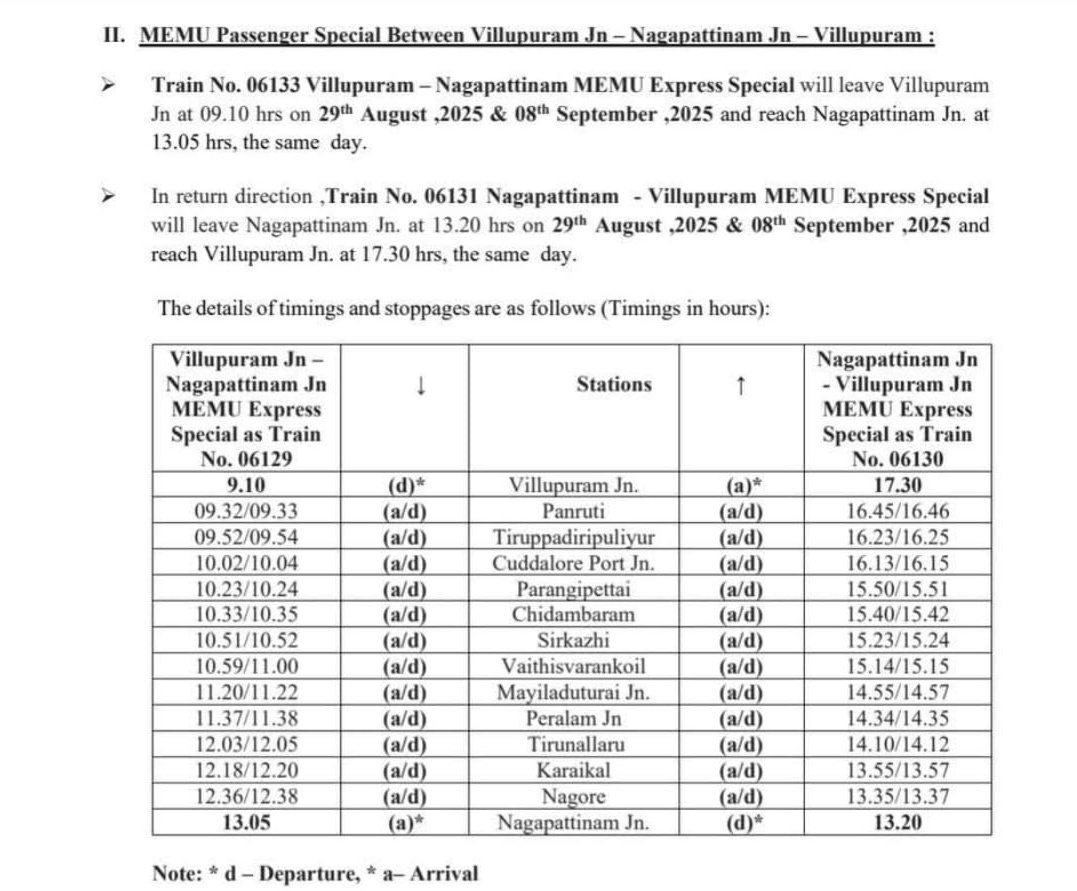 Special train between #villupuram to #nagapattinam via #cuddalore, #panruti, #chidambaram, #sirkazhi, #mayiladuthurai