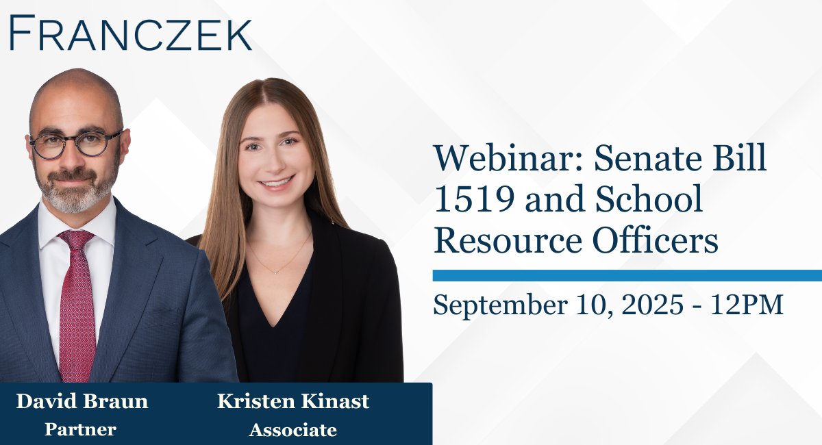 (1/2) Please join us on September 10 for a discussion about Senate Bill 1519, which was recently signed into law as Public Act 104-0430. Franczek attorneys David Braun and Kristen Kinast will analyze this bill’s significant impact on school districts and discuss what this new law