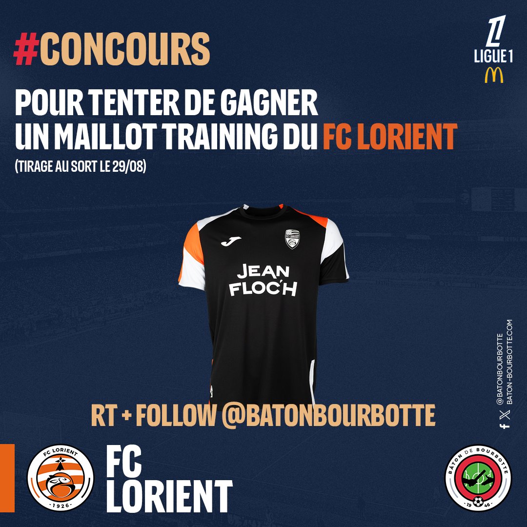 Bâton De Bourbotte (@batonbourbotte) on Twitter photo 🎁 Pour fêter la détention du Bâton de Bourbotte par le <a href="/FCLorient/">FC LORIENT 🐟</a>, concours pour gagner un maillot training des merlus !
🎯 Pour cela rien de plus simple : RT + Follow <a href="/BatonBourbotte/">Bâton De Bourbotte</a>
📅 Tirage au sort vendredi soir
🍀 Bonne chance
#LeBatonEstLorientais #MerciLorient 🎁 Pour fêter la détention du Bâton de Bourbotte par le <a href="/FCLorient/">FC LORIENT 🐟</a>, concours pour gagner un maillot training des merlus !
🎯 Pour cela rien de plus simple : RT + Follow <a href="/BatonBourbotte/">Bâton De Bourbotte</a>
📅 Tirage au sort vendredi soir
🍀 Bonne chance
#LeBatonEstLorientais #MerciLorient