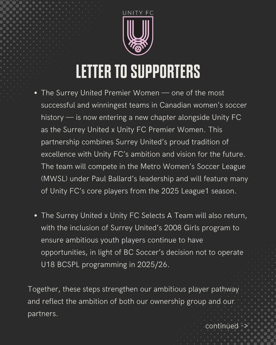 unityfcbc's tweet image. Unity FC Women's Program - Growing Together.

Focused on ambition, opportunity and building pathways that connect players across Surrey to the highest levels of the game