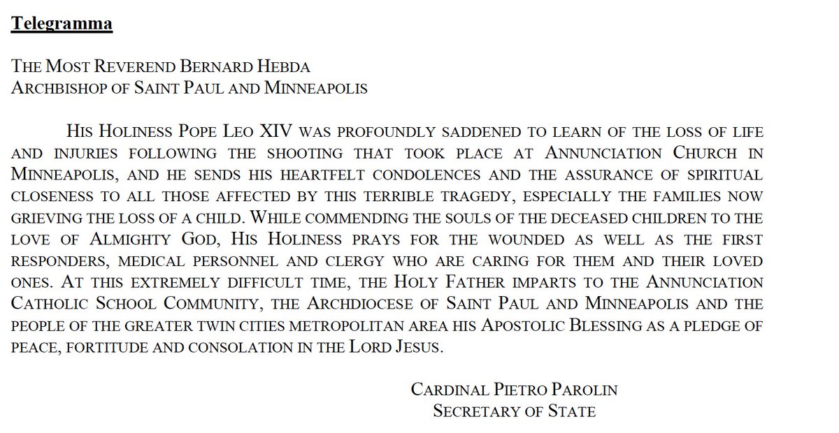 Pope Leo XIV sends his condolences and "assurance of spiritual closeness" to victims of the Minneapolis Catholic school shooting.