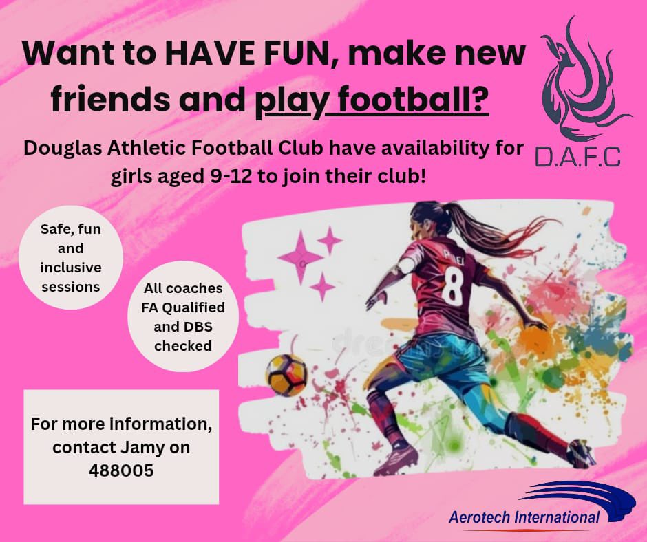 ⚽💖 Girls aged 9–12 – want to have fun, make new friends &amp; play football? 💖⚽

✅ Safe, fun &amp; inclusive sessions
✅ FA qualified coaches

Come and be part of the DAFC family 🩷🖤

Contact Jamy on 488005

#GirlsFootball #DAFC #FootballFamily