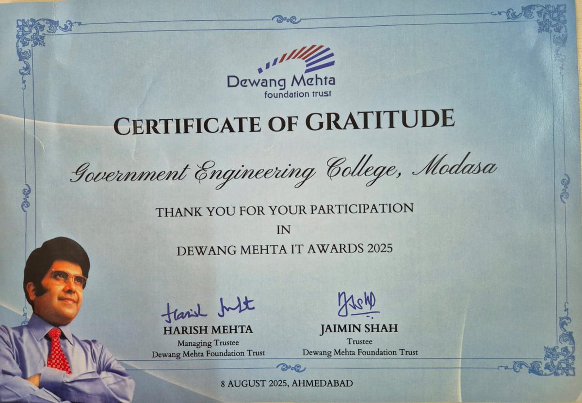 gecm_official's tweet photo. Proud Moment for GEC, Modasa! 🎉
Our institute received an Appreciation Certificate from Devang Mehta Trust, and our toppers were felicitated at the Devang Mehta IT Awards! 👩🎓✨ Congratulations and best wishes for future achievements! 👏🙏
#gecm https://t.co/2PKZEMVbWh