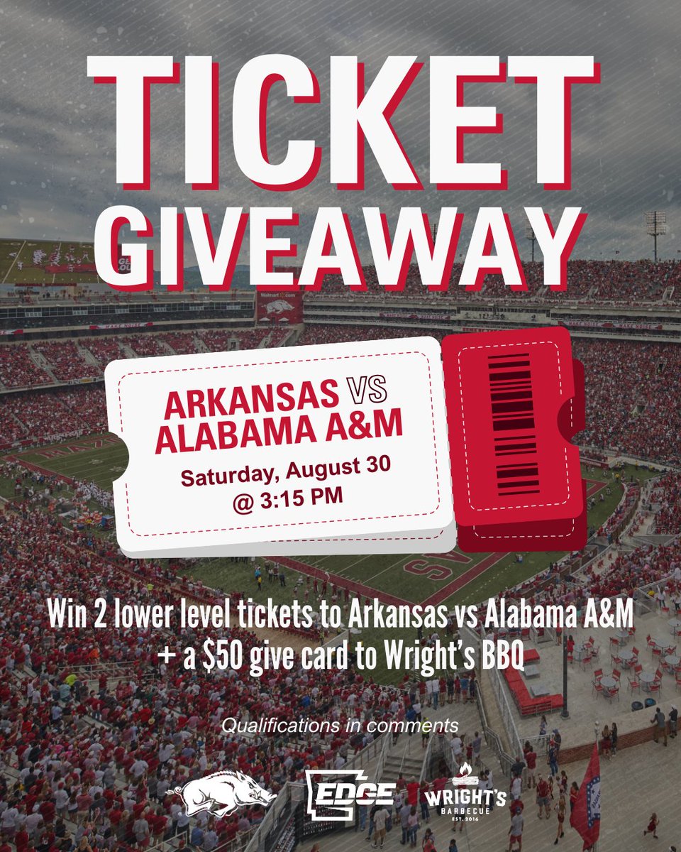 Arkansas Edge (@arkansasedgenil) on Twitter photo GIVEAWAY ALERT ๐๏ธ Weโre giving away TWO lower-level tickets to Saturdayโs game + a $50 gift card to <a href="/wrightsbarbecue/">Wright's Barbecue</a>
How to enter:
๐ Must be following us & <a href="/wrightsbarbecue/">Wright's Barbecue</a>
๐ Like & repost this post
๐ Bonus entry: tag two friends in the comments
#arkansasedge #nil GIVEAWAY ALERT ๐๏ธ Weโre giving away TWO lower-level tickets to Saturdayโs game + a $50 gift card to <a href="/wrightsbarbecue/">Wright's Barbecue</a>
How to enter:
๐ Must be following us & <a href="/wrightsbarbecue/">Wright's Barbecue</a>
๐ Like & repost this post
๐ Bonus entry: tag two friends in the comments
#arkansasedge #nil