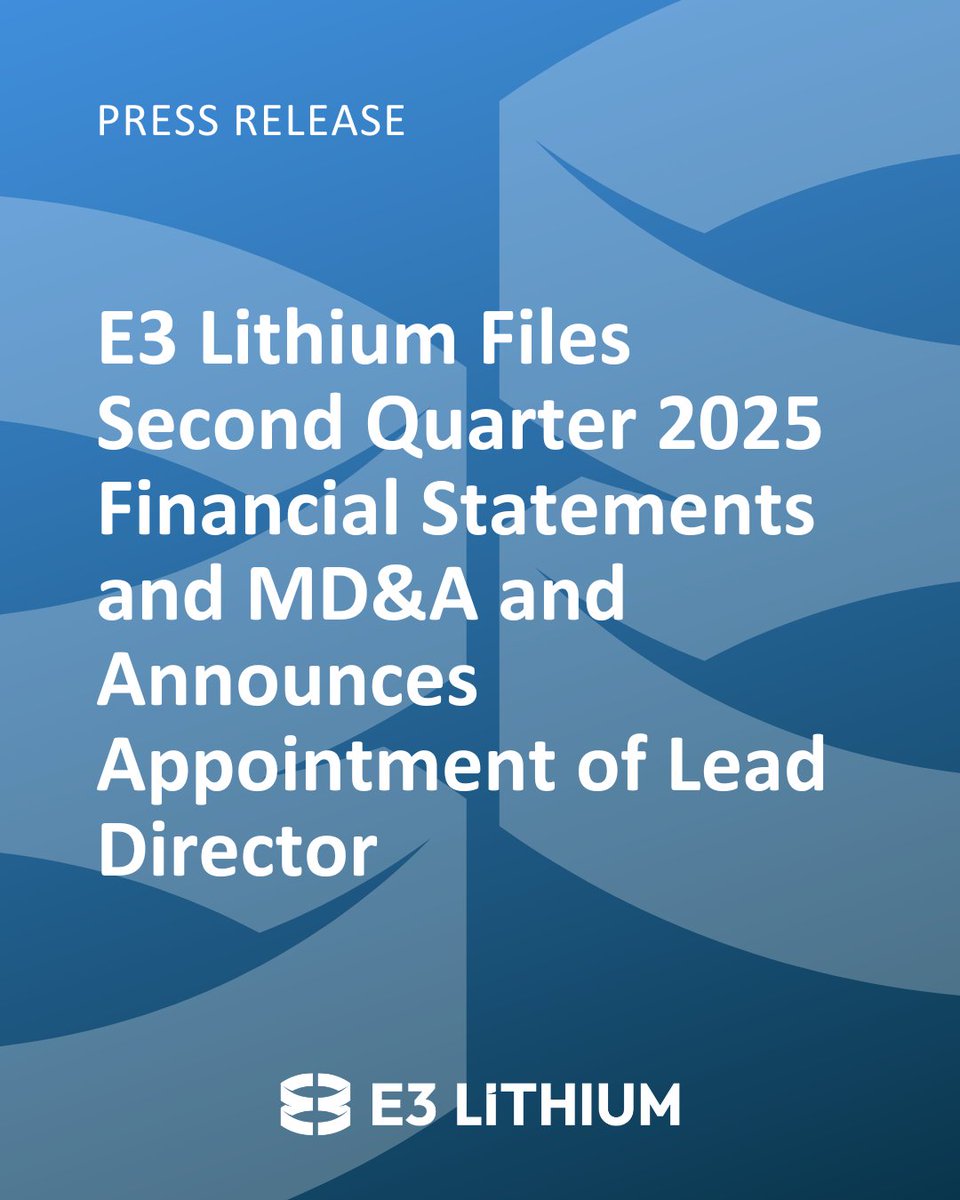 #LithiumNews – E3 Lithium has filed its Q2 2025 Financial Statements and MD&amp;A, and shared a corporate update.

Key highlights include:
◾ Demonstration Facility commissioning remains on track for Q3 2025
◾ Phase 1 of the Lithium Metal Battery Joint Development Agreement