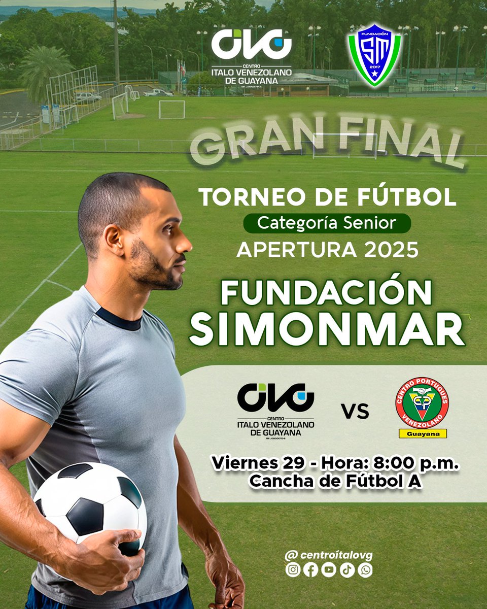 ⚽ ¡Gran Final: ¡Torneo de Fútbol Senior! ⚽

Socio prepárate para una noche llena de pasión por el fútbol, porque este viernes 29 de agosto se define al campeón. 🤩

📍 Lugar: Cancha A
⏰ Hora: 8:00 p.m.

¡No te lo puedes perder! 😉

#Fútbol #Partido  #CiudadGuayana #CIVG