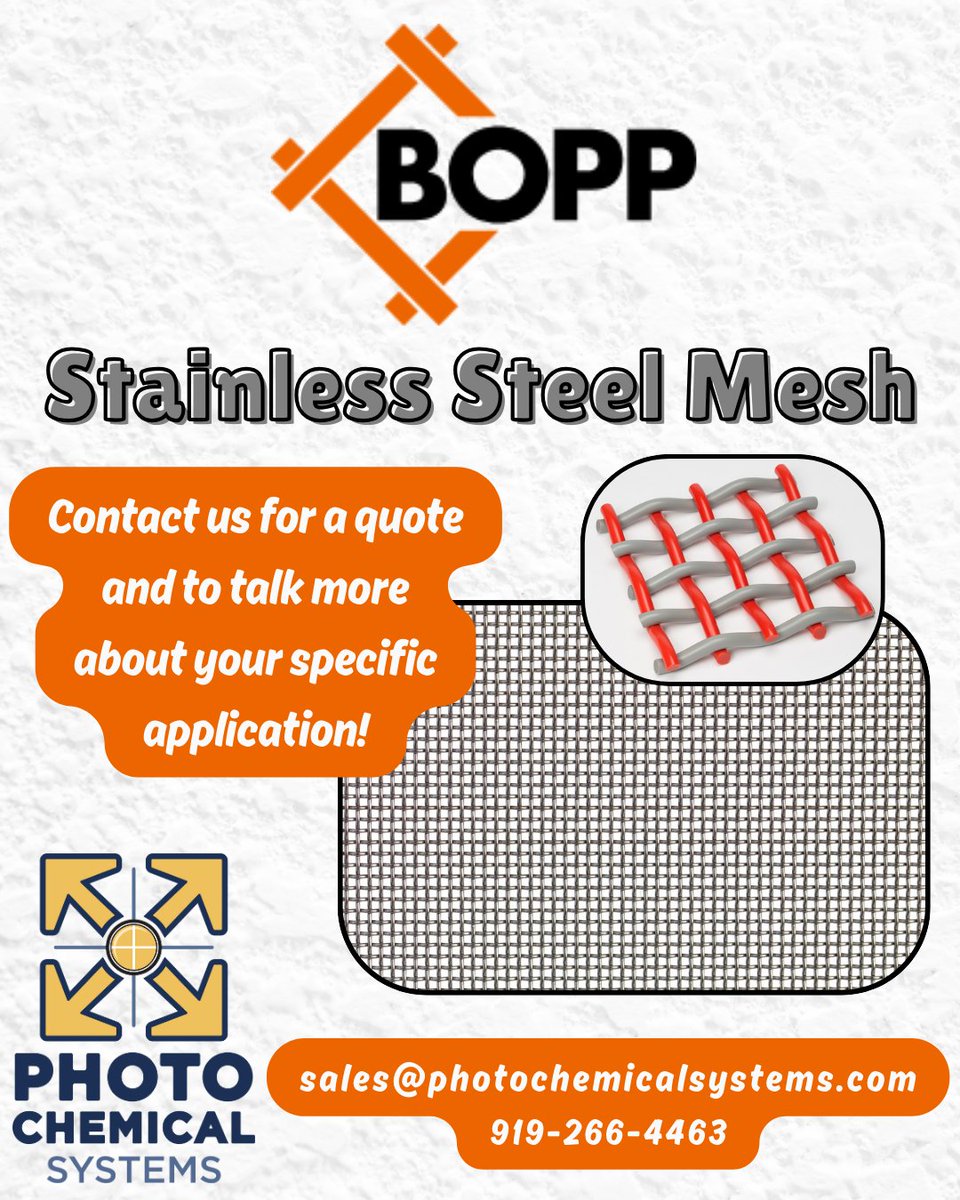 PhotoChemicalNC's tweet photo. Did you know that Photo Chemical Systems carries BOPP stainless steel mesh? 

Contact us for a quote and to talk more about your specific application.

Sales@PhotoChemicalSystems.com

#bopp #stainlesssteelmesh #stainlessmesh #screenprintingmesh #screenmesh #stainlesssteel https://t.co/HD4PFGKLXD