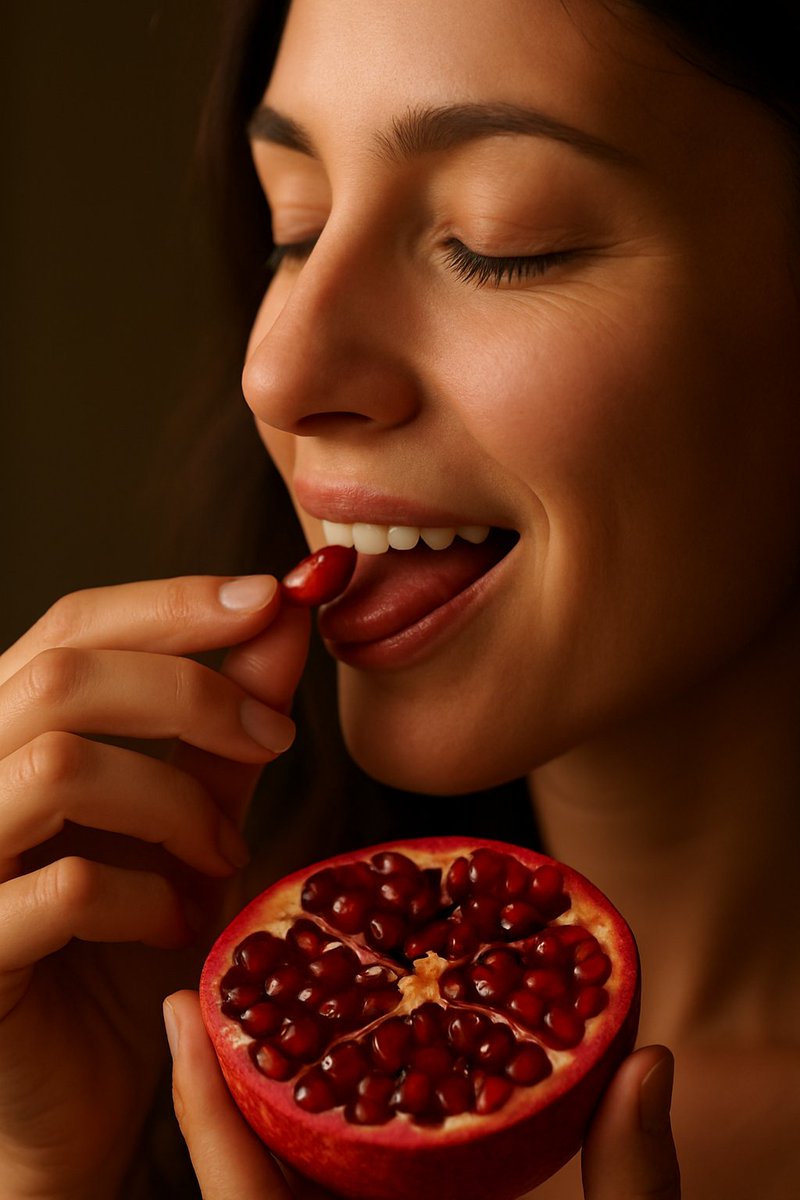 Pomegranate

She bends over the ruby clusters, smiling,
her fingers parting the seeds like soft secrets.
A seed waits, glistening, trembling with juice.
She lifts it slowly, pressing it to her tongue,
whispering to it as if it were a lover.

#poem #erotic #LOVEPULSE