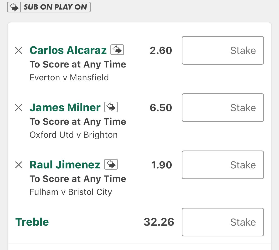 EFL Cup 🏴󠁧󠁢󠁥󠁮󠁧󠁿

Everton Vs Mansfield
📊 Alcaraz anytime scorer @ 2.60

Oxford Vs Brighton 
📊 Milner anytime scorer @ 6.50

Fulham Vs Bristol City
📊 Jimenez anytime scorer @ 1.90