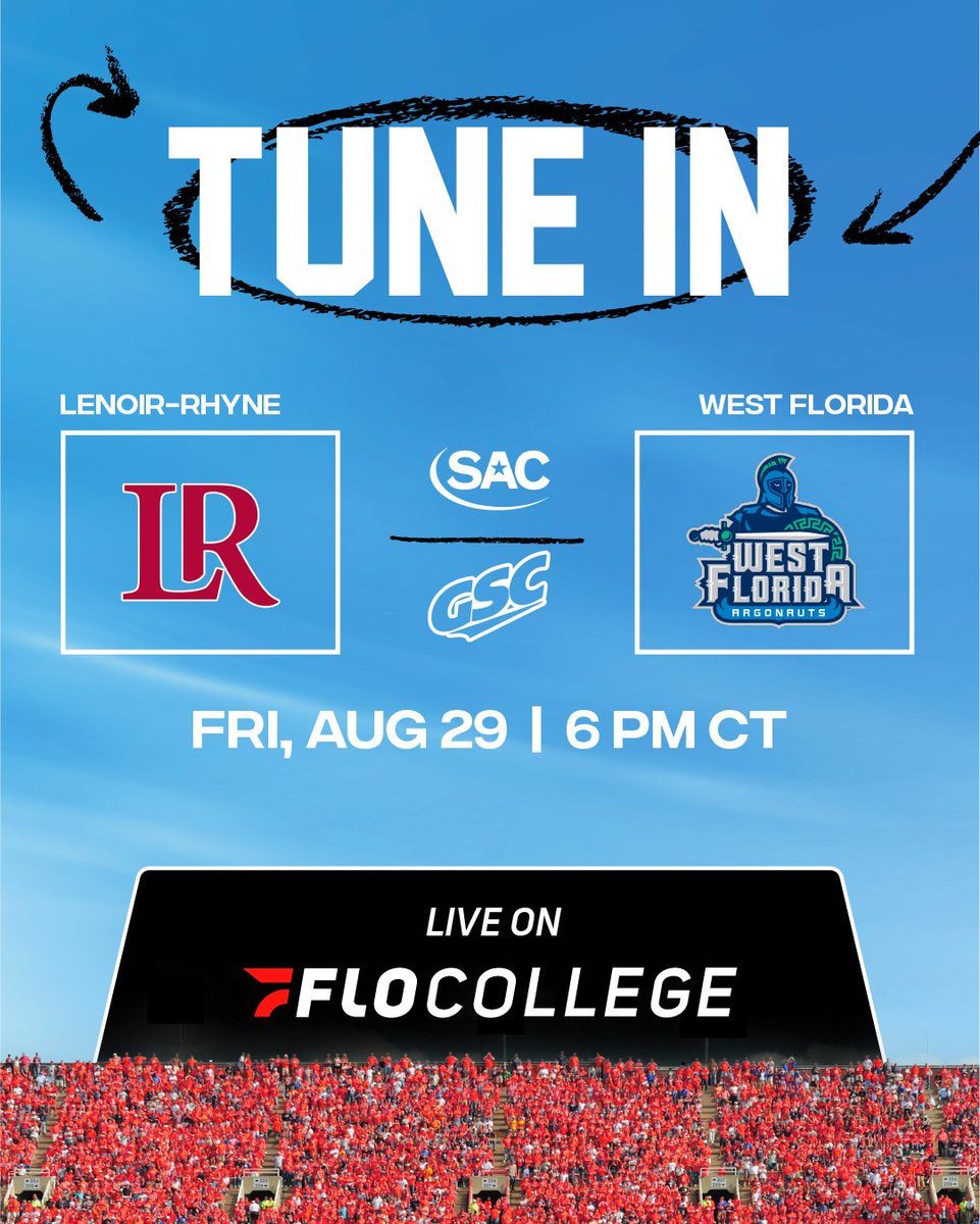 FloCollege | Football (@flocollegefb) on Twitter photo Two D2 Football powerhouses. One Week 0 showdown.
Watch <a href="/LRBearsFootball/">Lenoir-Rhyne Football</a> vs. <a href="/UWFFootball/">UWF Football</a> live FOR FREE this Friday on the FloCollege Football YouTube Channel.
📺: flosports.link/4lK5OL3
#D2FB | #SACfb | #GSCfb Two D2 Football powerhouses. One Week 0 showdown.
Watch <a href="/LRBearsFootball/">Lenoir-Rhyne Football</a> vs. <a href="/UWFFootball/">UWF Football</a> live FOR FREE this Friday on the FloCollege Football YouTube Channel.
📺: flosports.link/4lK5OL3
#D2FB | #SACfb | #GSCfb