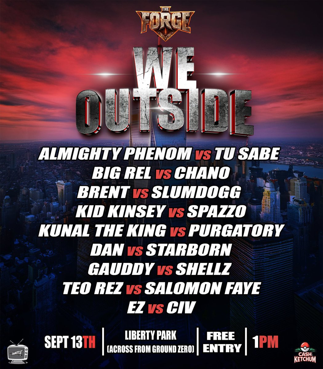 iBattlePromo's tweet photo. September 13th! #WEOUTSIDE
Liberty Park! New York, NY!!

If you know, you know.. 
MEET US AT THE WARHORSE!!

ALMIGHTY PHENOM vs TU SABE
BIG REL vs CHANO
BRENT vs SLUMDOGG
KID KINSEY vs SPAZZO
KUNAL THE KING vs PURGATORY
DAN vs STARBORN
GAUDDY vs SHELLZ
TEO REZ vs SALOMON FAYE
EZ vs CIV

Free entry. No live stream. BOTN dropping on YouTube THAT MONDAY!
