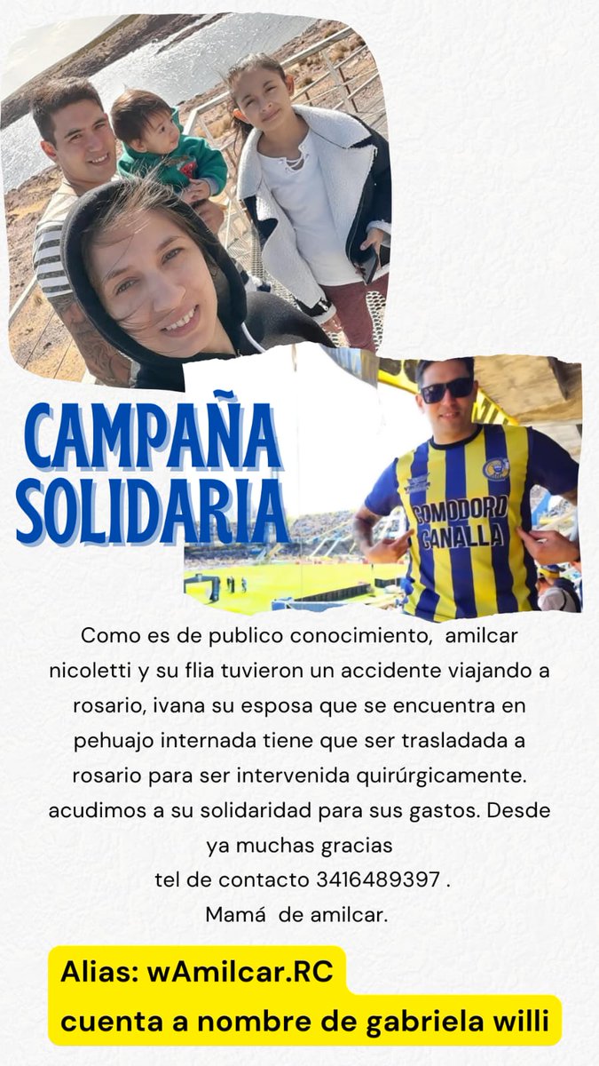 MundoCentralOf's tweet photo. 🙏🏻 Se está realizando una campaña solidaria para costear el traslado de Ivana, la mujer de Amicar Nicoletti (Pte de la Filial de Comodoro Rivadavia, que falleció junto a sus hijos en un accidente de tránsito el fin de semana yendo a ver el Clásico). https://t.co/vrcLj4Z5Tz