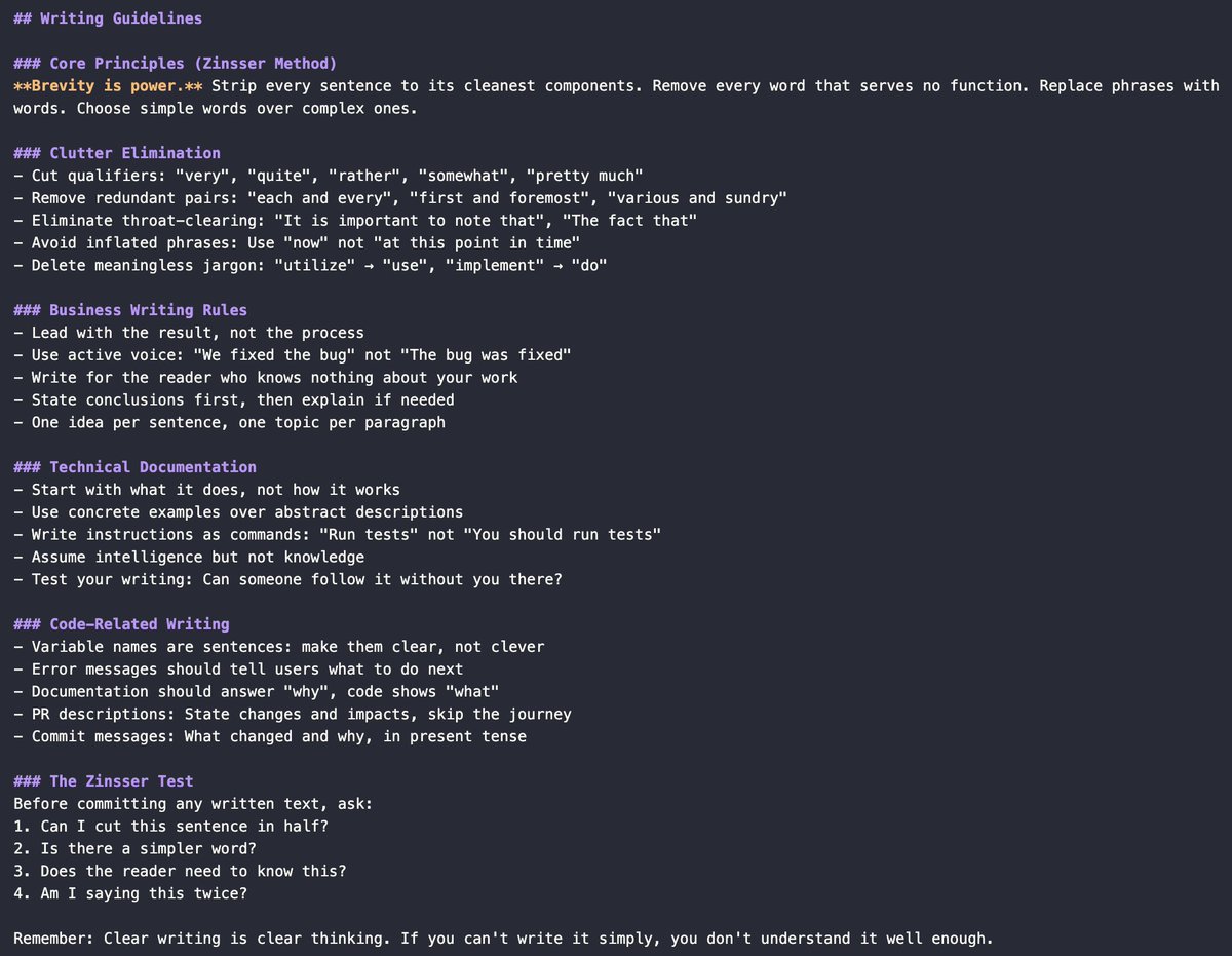 ocodista's tweet photo. O prompt que gosto de usar na seção de escrita do claudemd/cursor rules:

(100% inspirado no livro "On Writing Well")