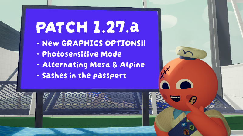 AggroCrabGames's tweet photo. hey wake up new patch 

NEW GRAPHICS SETTINGS - if you've had ANY performance issues in the past, try these out‼️

photosensitivity mode added ✨

you can now pick between your unlocked sashes in the passport 📘

ALPINE and the MESA will now alternate every other day 🌵🤝❄️ https://t.co/tFxXZOEoxh